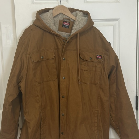 Wrangler Workwear Sherpa Lined Duck Jacket Size 3XL Brown with Hood - Picture 2 of 7